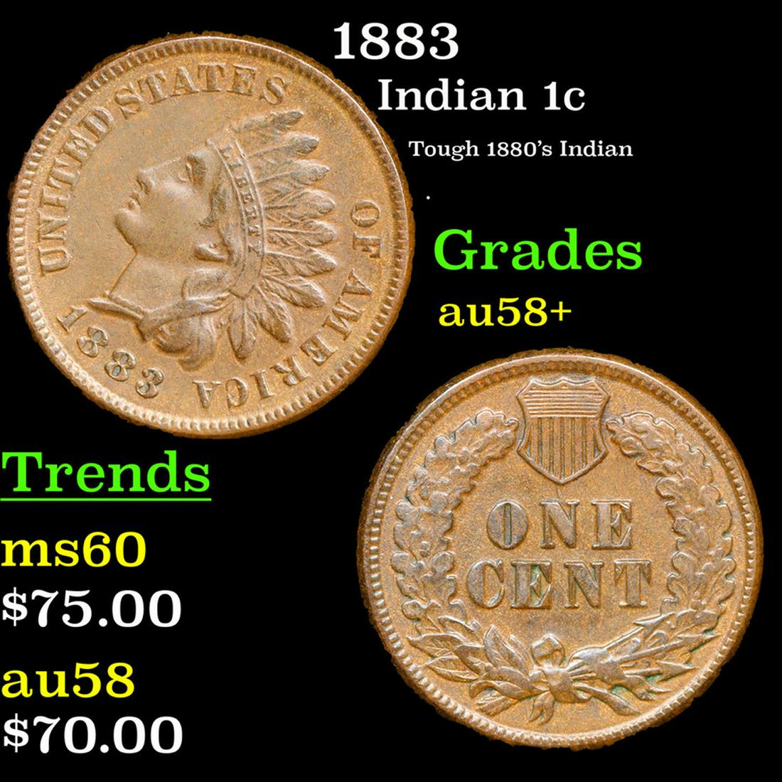 1883 Indian Cent 1c Grades Choice AU/BU Slider+ (1 of 3)