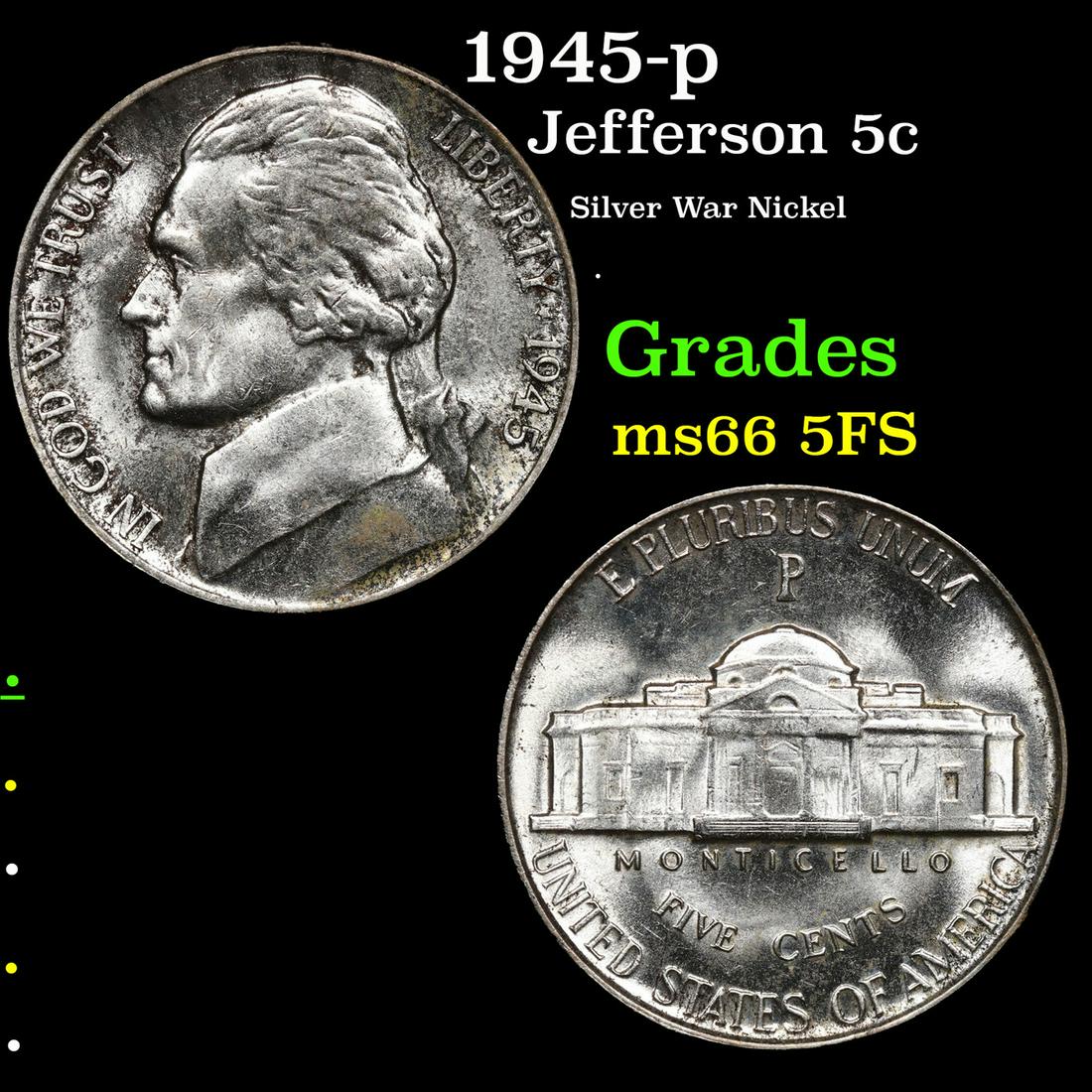1945-p Jefferson Nickel 5c Grades GEM+ 5fs (1 of 3)