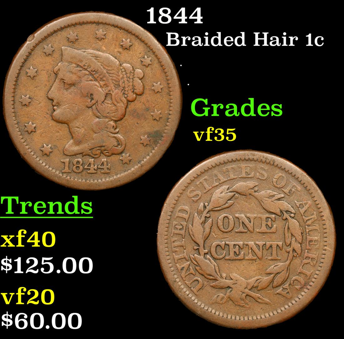 1844 Braided Hair Large Cent 1c Grades vf++ (1 of 3)