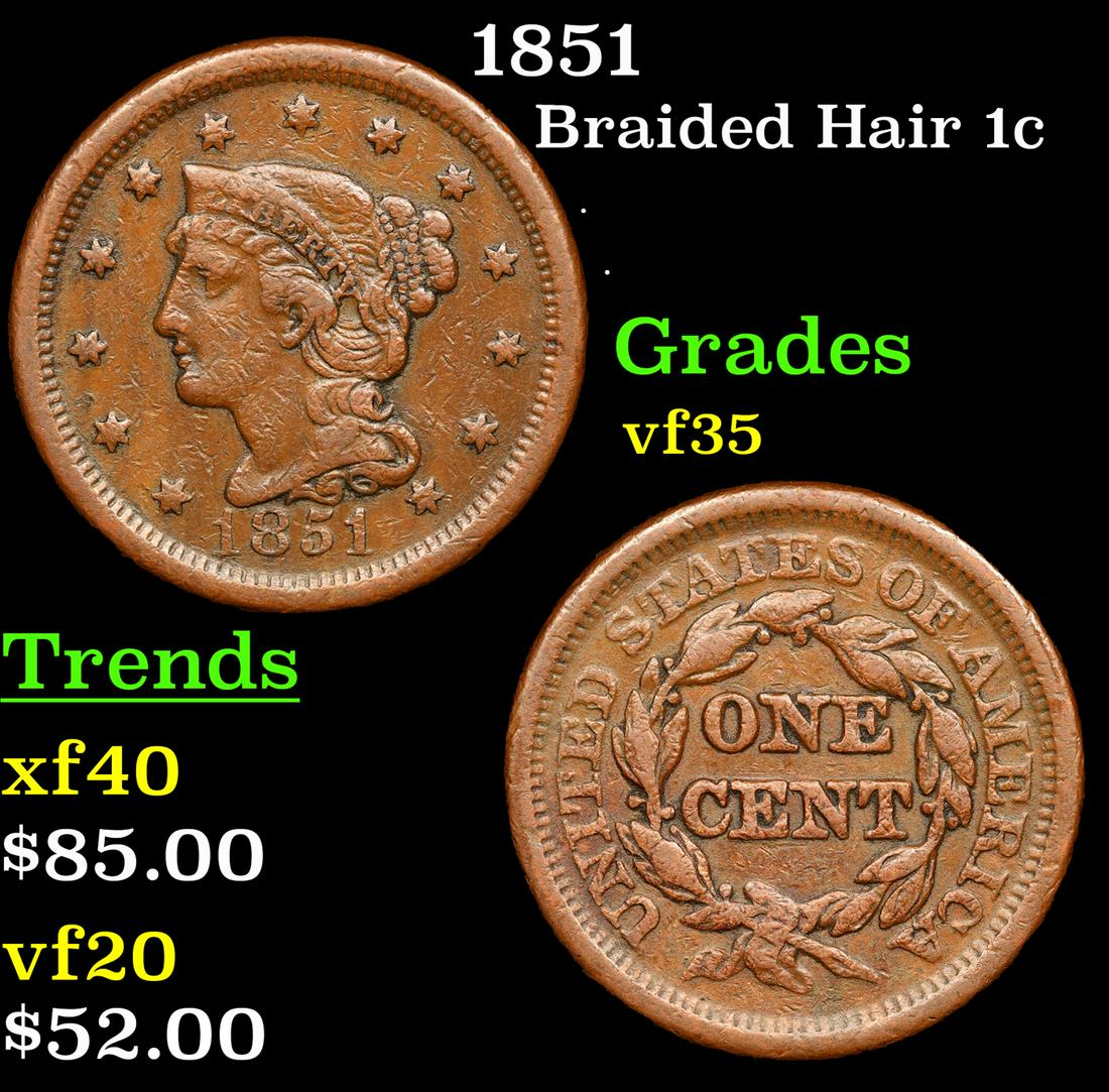 1851 Braided Hair Large Cent 1c Grades vf++ (1 of 3)