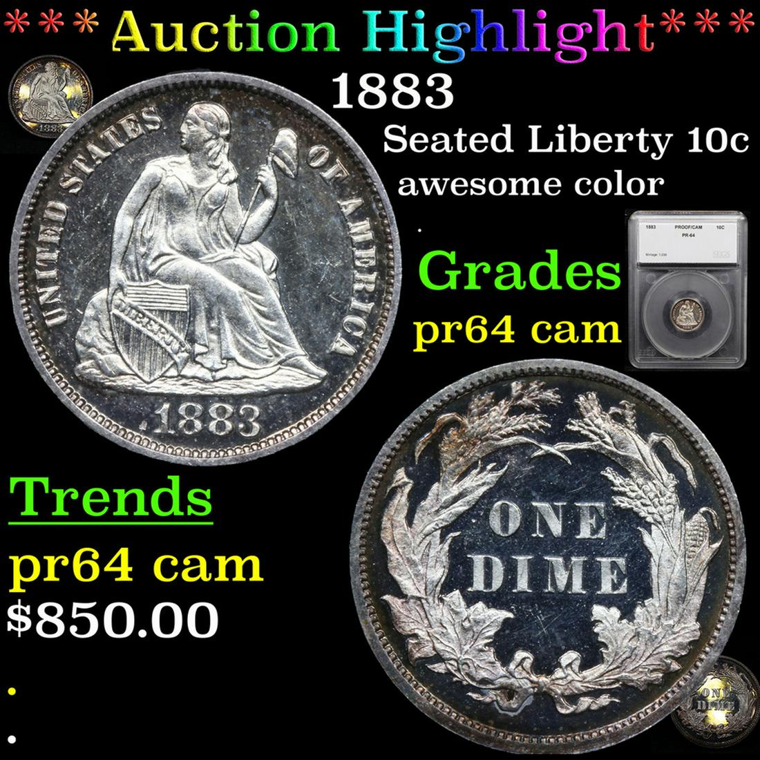 Proof ***Auction Highlight*** 1883 Seated Liberty Dime 10c Graded pr64 cam By SEGS (fc) (1 of 7)