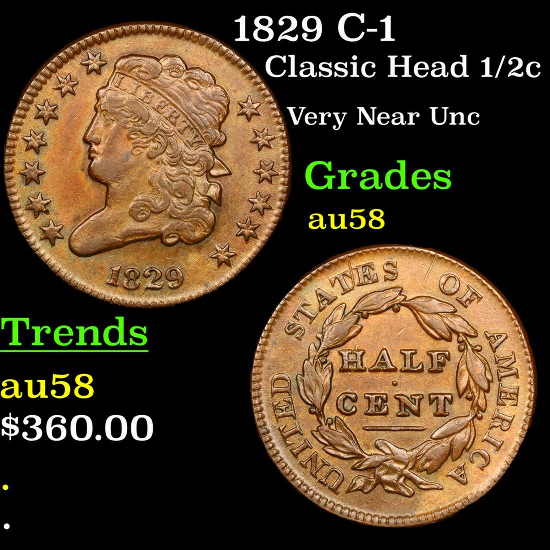 1829 Classic Head half cent C-1 1/2c Grades Choice AU/BU Slider (1 of 3)