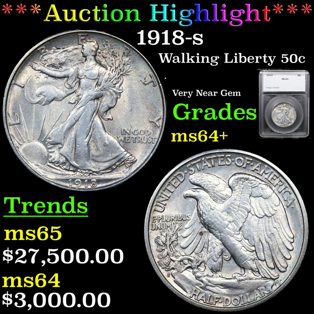 ***Auction Highlight*** 1918-s Walking Liberty Half Dollar 50c Graded ms64+ By SEGS (fc) (1 of 5)