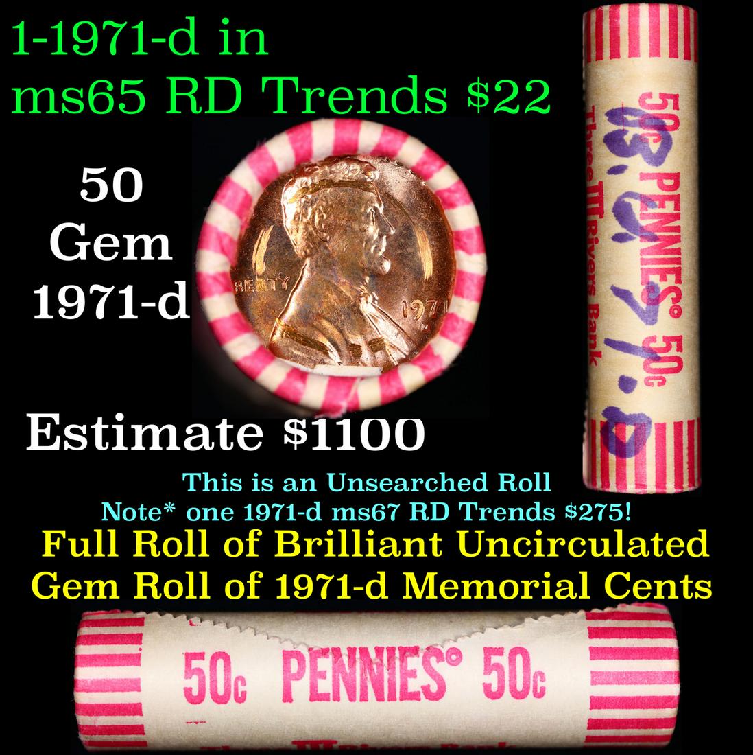 Shotgun Lincoln 1c roll, 1971-d 50 pcs Brandt Wrapper: Shotgun Lincoln 1c roll, 1971-d 50 pcs Brandt Wrapper . A terrific Shotgun roll of Lincoln cents. All coins cherry red. Trends ms65 rd $22