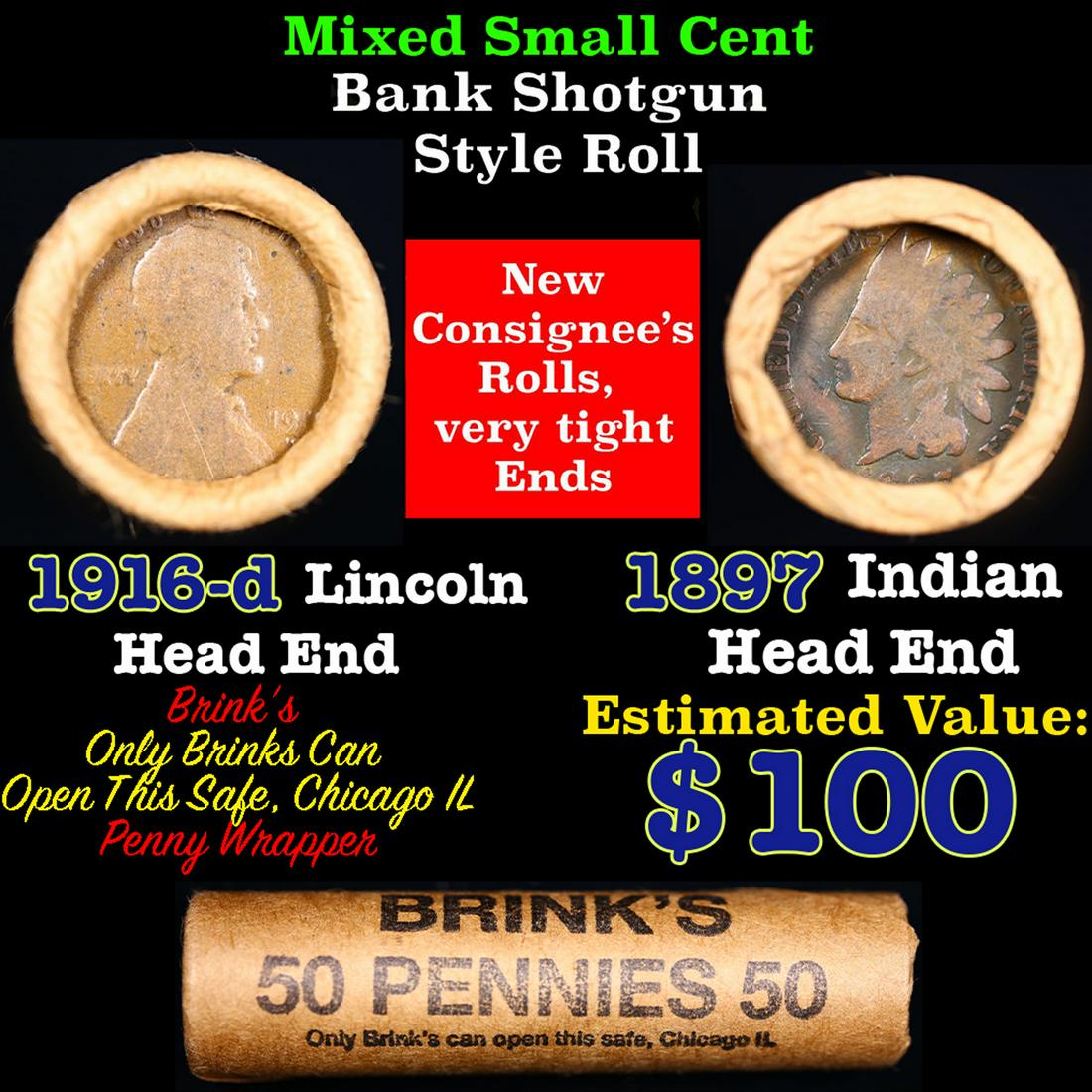 Mixed small cents 1c orig shotgun roll, 1916-d Wheat Cent, 1897 Indian Cent other end, brinks: Mixed small cents 1c orig shotgun roll, 1916-d Wheat Cent, 1897 Indian Cent other end, brinks Wrapper. The roll is held in an old Rare & Collectable Brinks 'Only Brinks Can Open This Safe, Chicago IL'