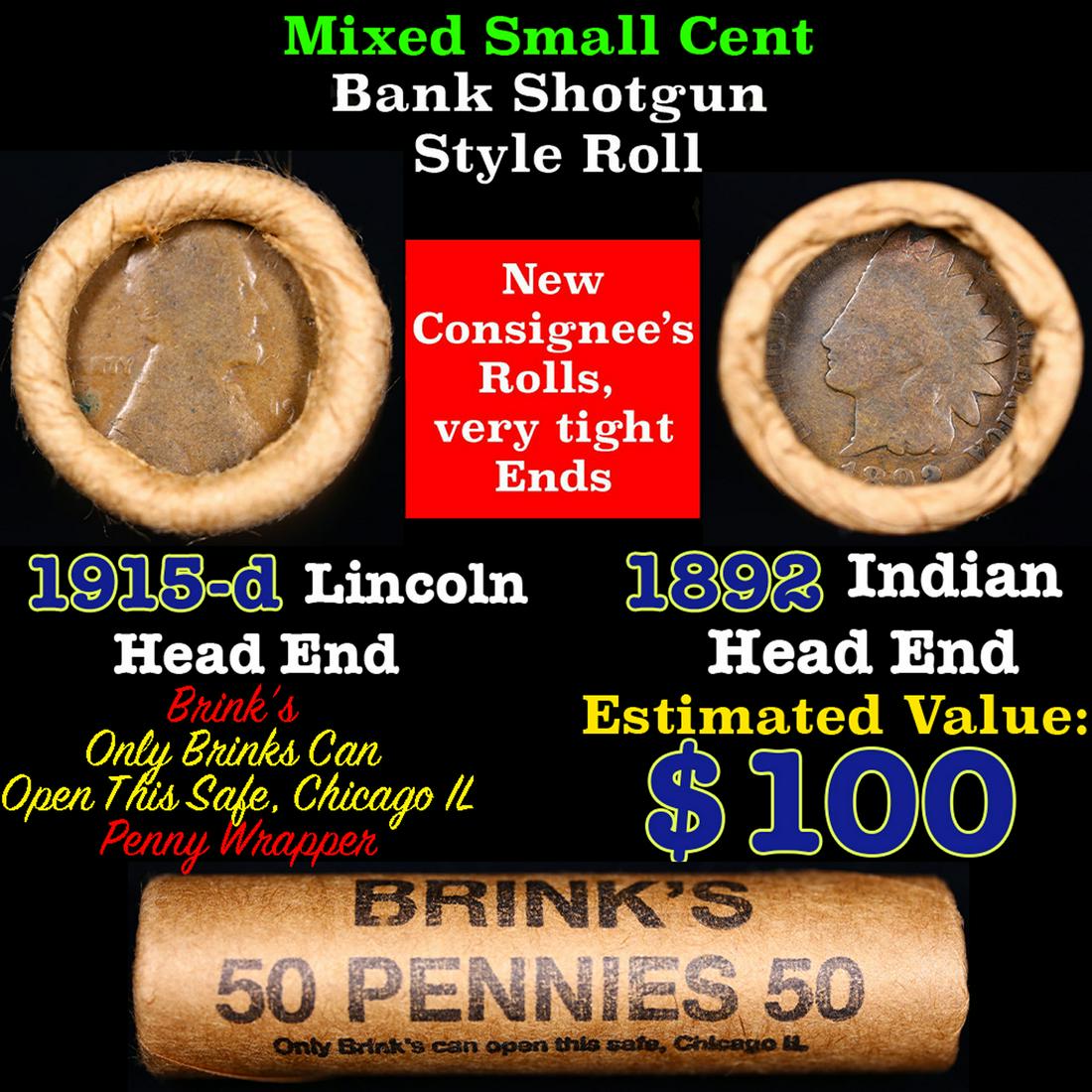 Mixed small cents 1c orig shotgun roll, 1915-d Wheat Cent, 1892 Indian Cent other end, brinks (1 of 4)