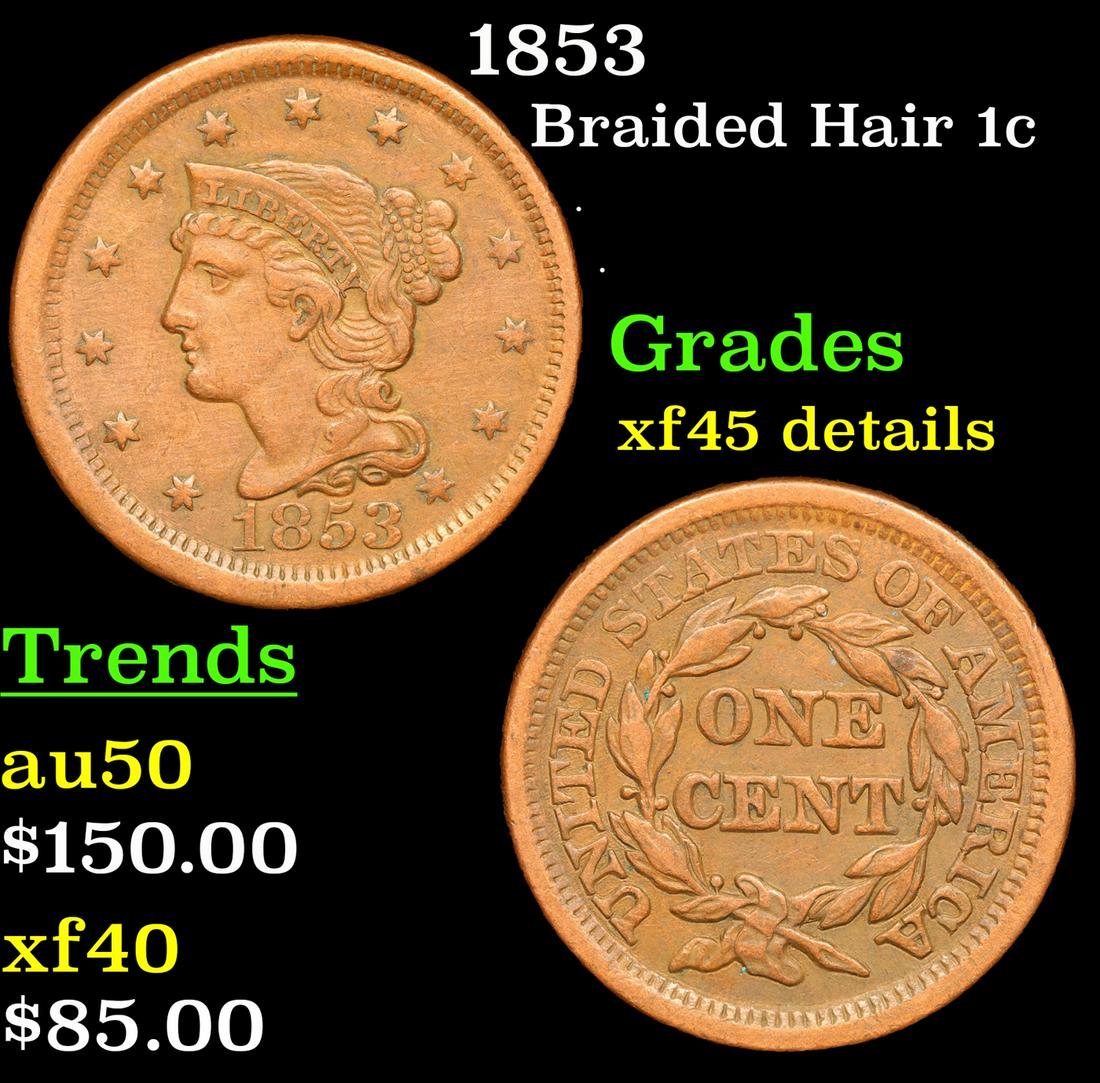 1853 Braided Hair Large Cent 1c Grades xf Details (1 of 3)