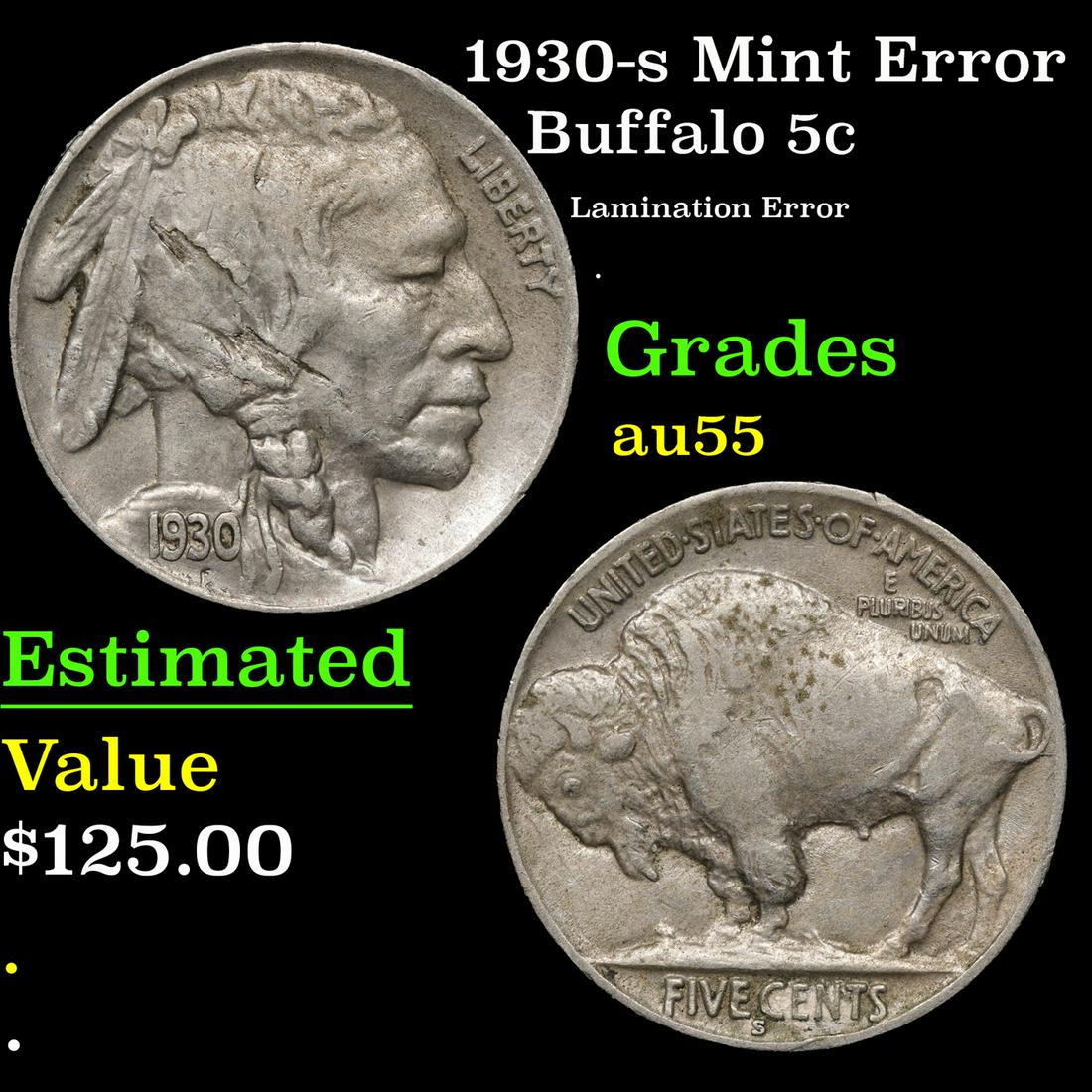 1930-s Buffalo Nickel Mint Error 5c Grades Choice AU (1 of 3)