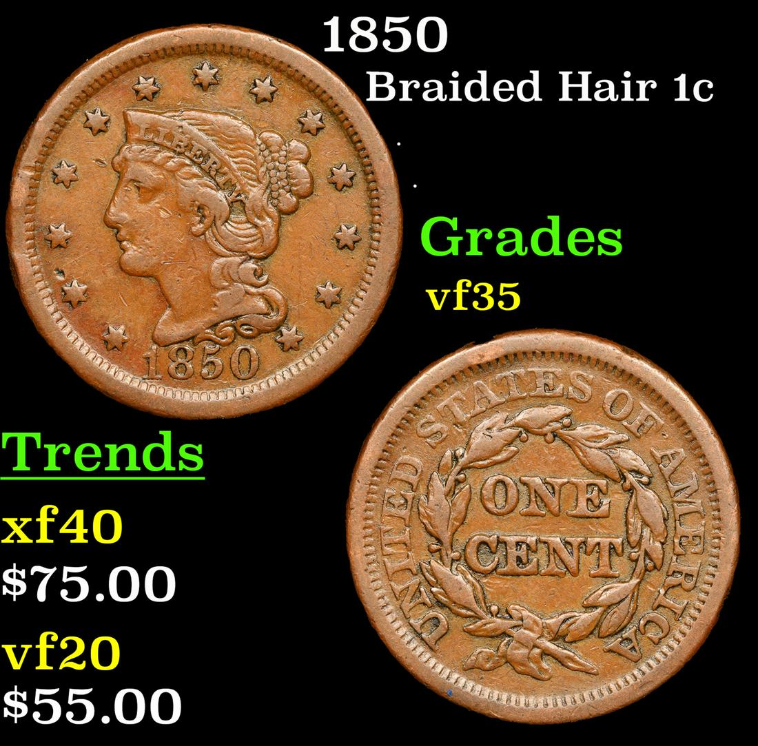 1850 Braided Hair Large Cent 1c Grades vf++ (1 of 3)