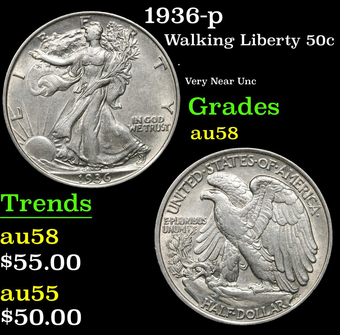 1936-p Walking Liberty Half Dollar 50c Grades Choice AU/BU Slider (1 of 3)