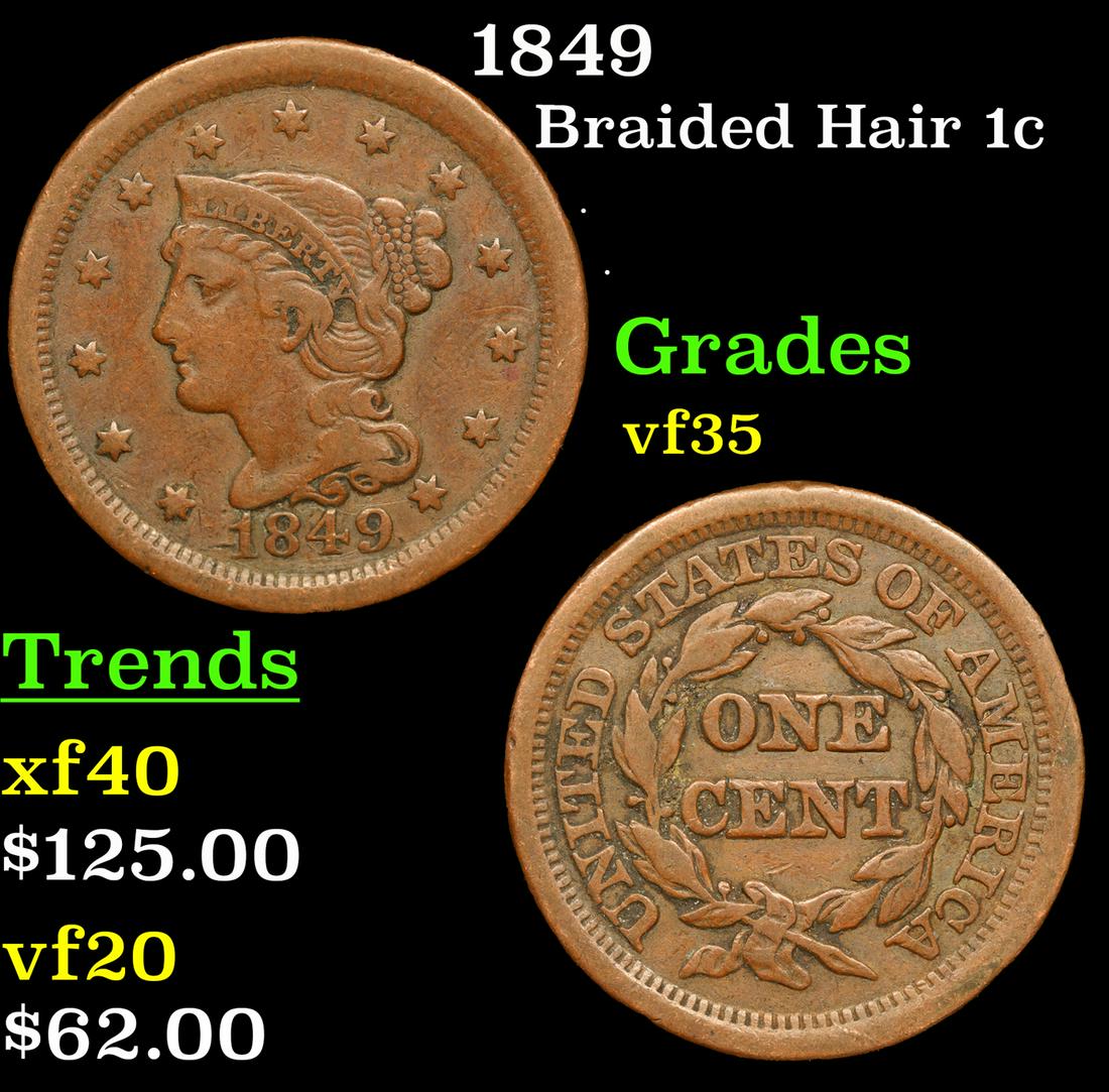 1849 Braided Hair Large Cent 1c Grades vf++ (1 of 3)