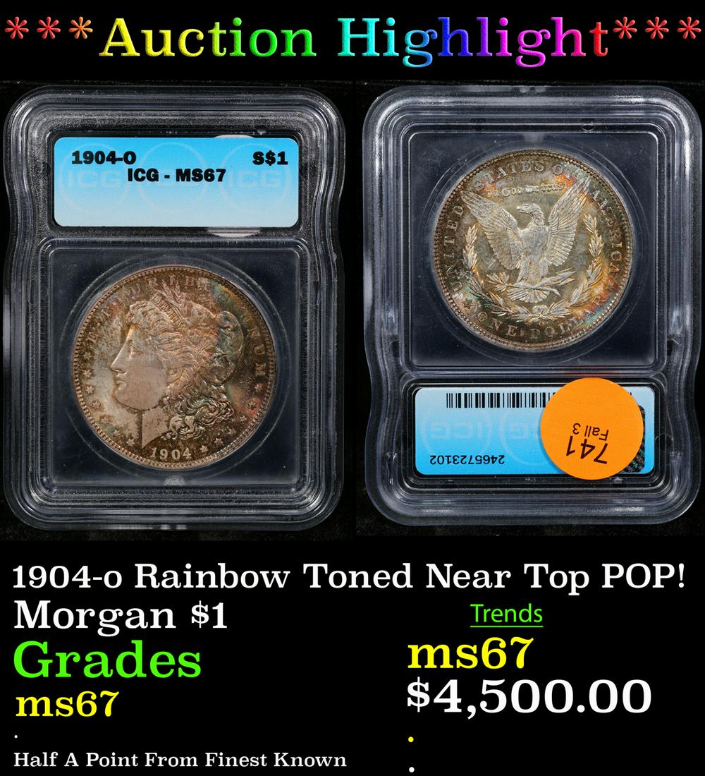 ***Auction Highlight*** 1904-o Morgan Dollar Rainbow Toned Near Top POP! $1 Graded ms67 By ICG (fc) (1 of 3)