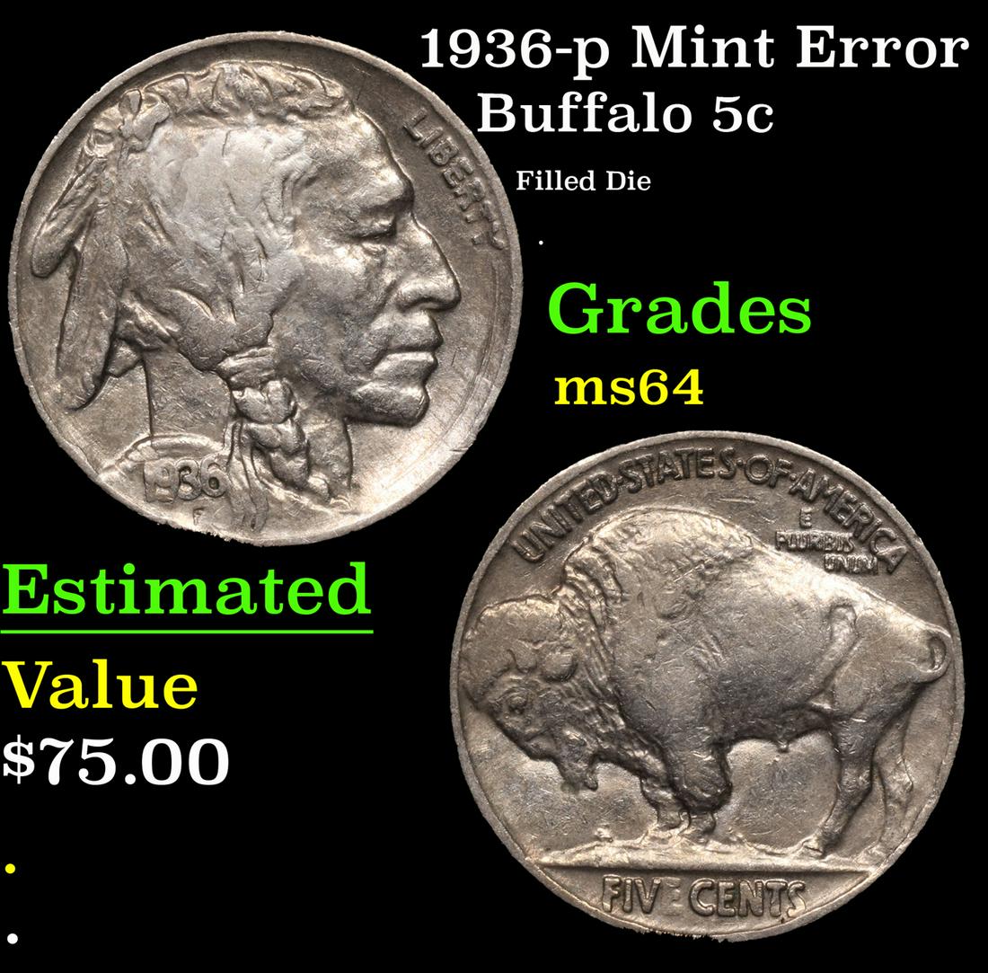 1936-p Buffalo Nickel Mint Error 5c Grades Choice Unc (1 of 3)