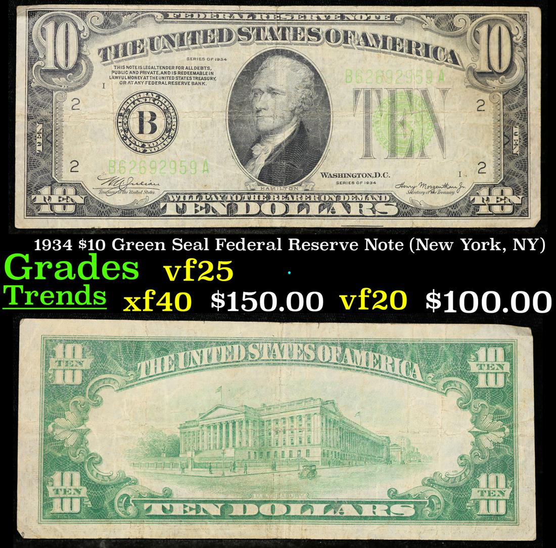 1934 $10 Green Seal Federal Reserve Note (New York, NY) Grades vf+ (1 of 3)