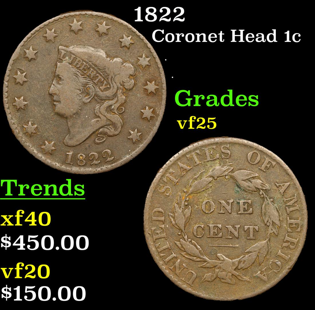 1822 Coronet Head Large Cent 1c Grades vf+ (1 of 3)