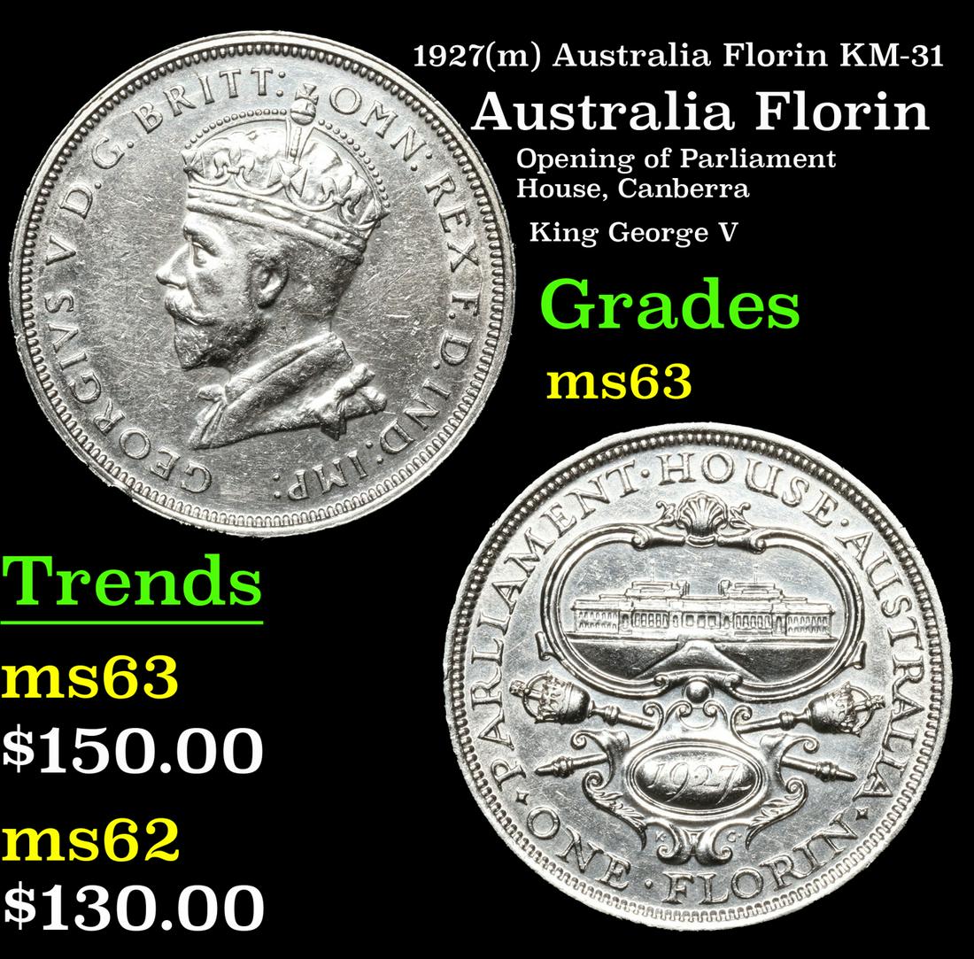 1927(m) Australia Florin KM-31 Grades Select Unc: 1927(m) Australia Florin KM-31 Grades Select Unc. King George V (George Frederick Ernest Albert; 3 June 1865 â€“ 20 January 1936) was King of the United Kingdom and the British Dominions, and Emp