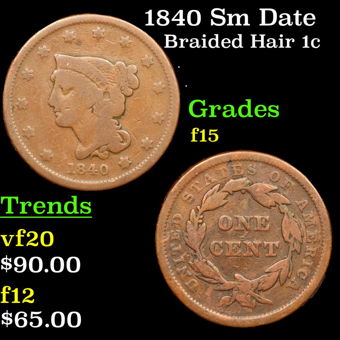1840 Sm Date Braided Hair Large Cent 1c Grades f+ (1 of 3)
