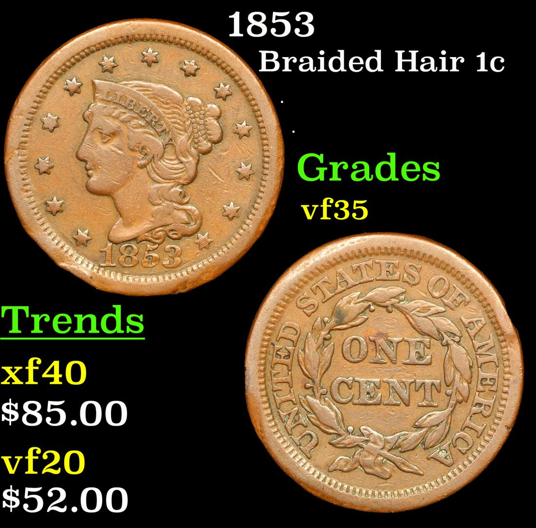 1853 Braided Hair Large Cent 1c Grades vf++ (1 of 3)