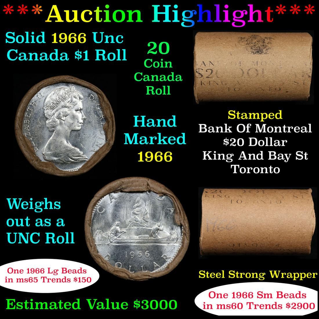 ***Auction Highlight*** Full Roll of Silver 1966 Canadian Dollar with Queen Elizabeth II, 20 Coins (1 of 5)