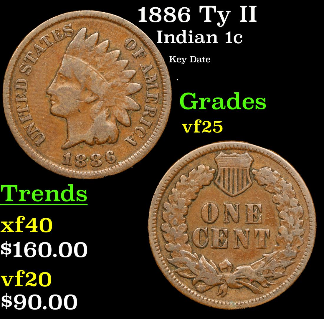 1886 Ty II Indian Cent 1c Grades vf+ (1 of 3)