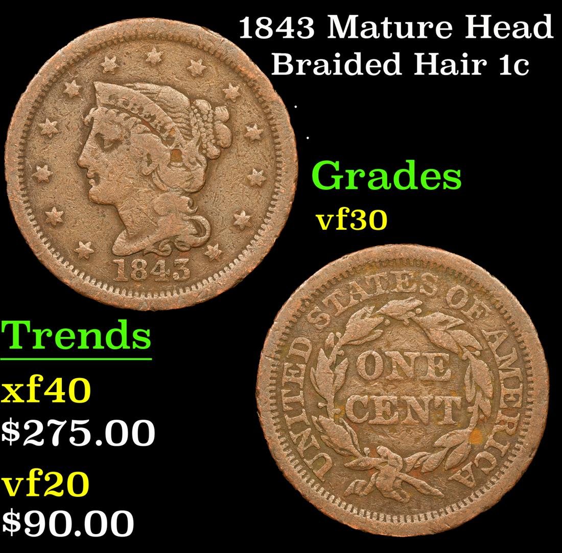 1843 Mature Head Braided Hair Large Cent 1c Grades vf++ (1 of 3)