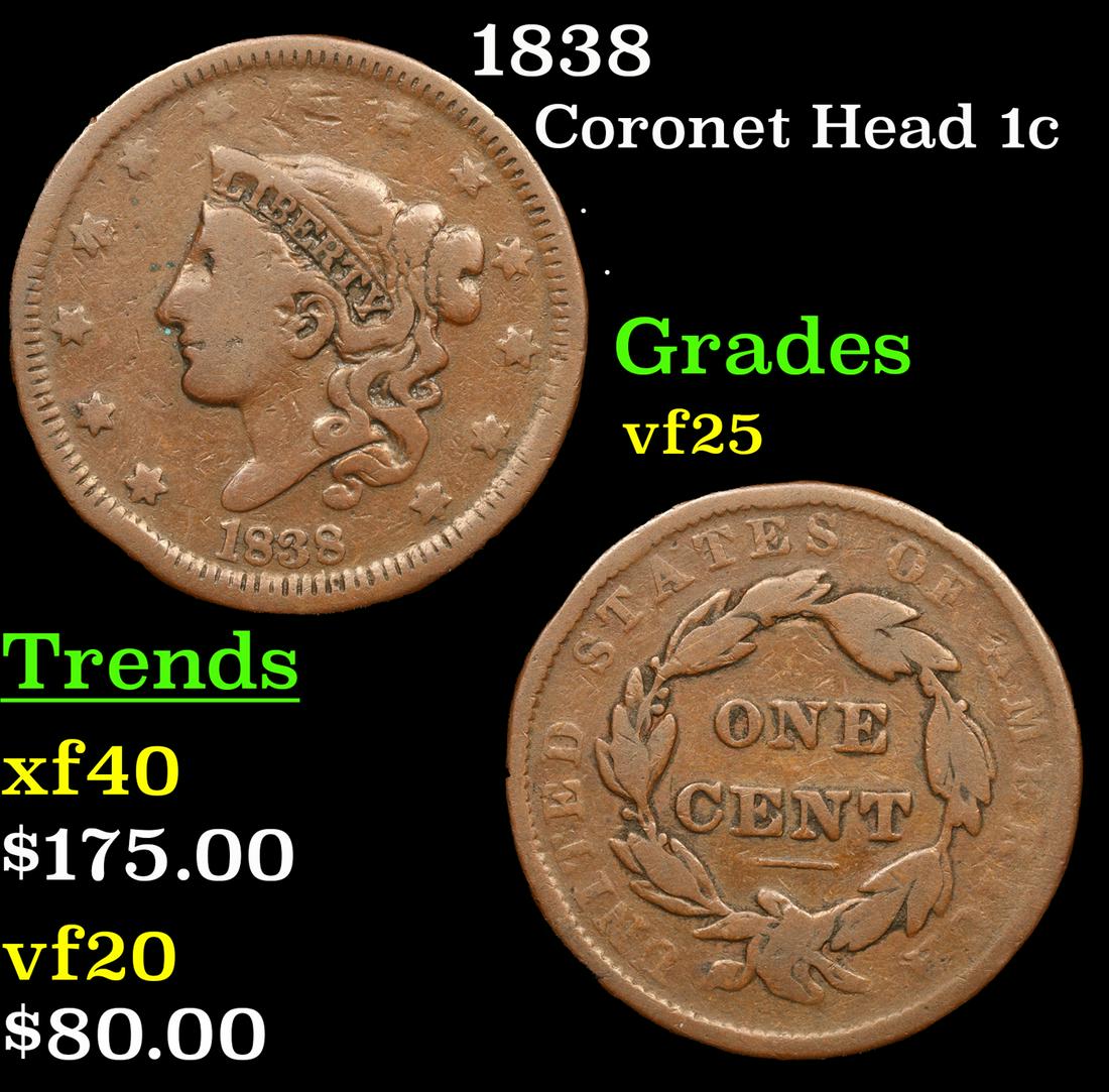 1838 Coronet Head Large Cent 1c Grades vf+ (1 of 3)