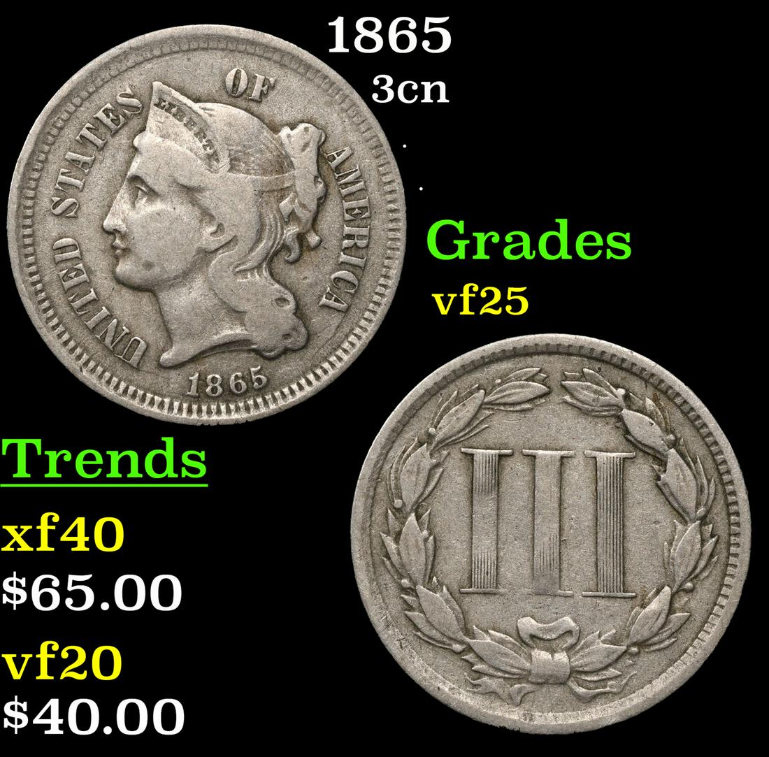 1865 Three Cent Copper Nickel 3cn Grades vf+ (1 of 3)