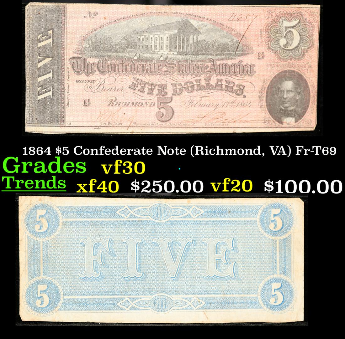 1864 $5 Confederate Note (Richmond, VA) Fr-T69 Grades vf++ (1 of 3)