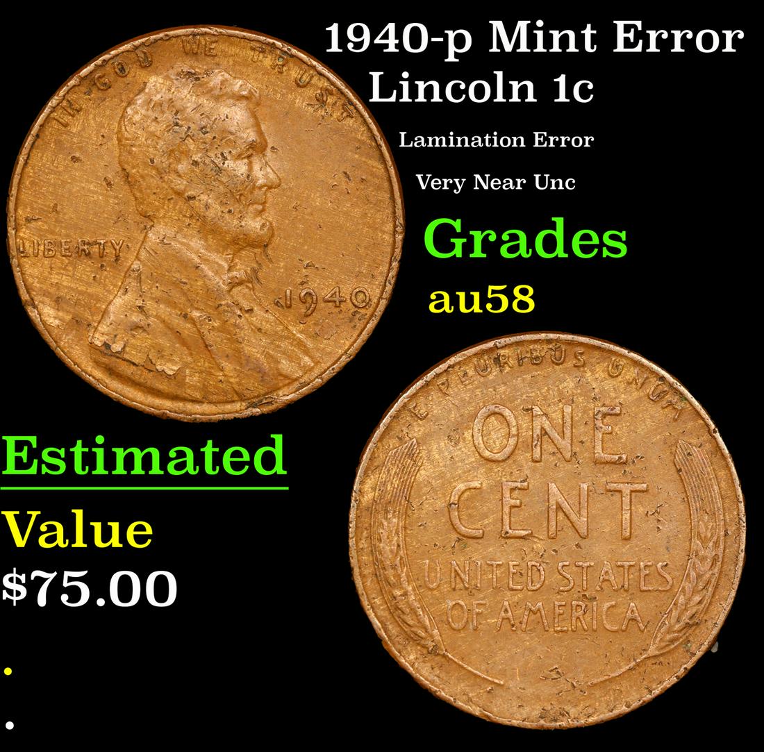 1940-p Lincoln Cent Mint Error 1c Grades Choice AU/BU Slider (1 of 3)