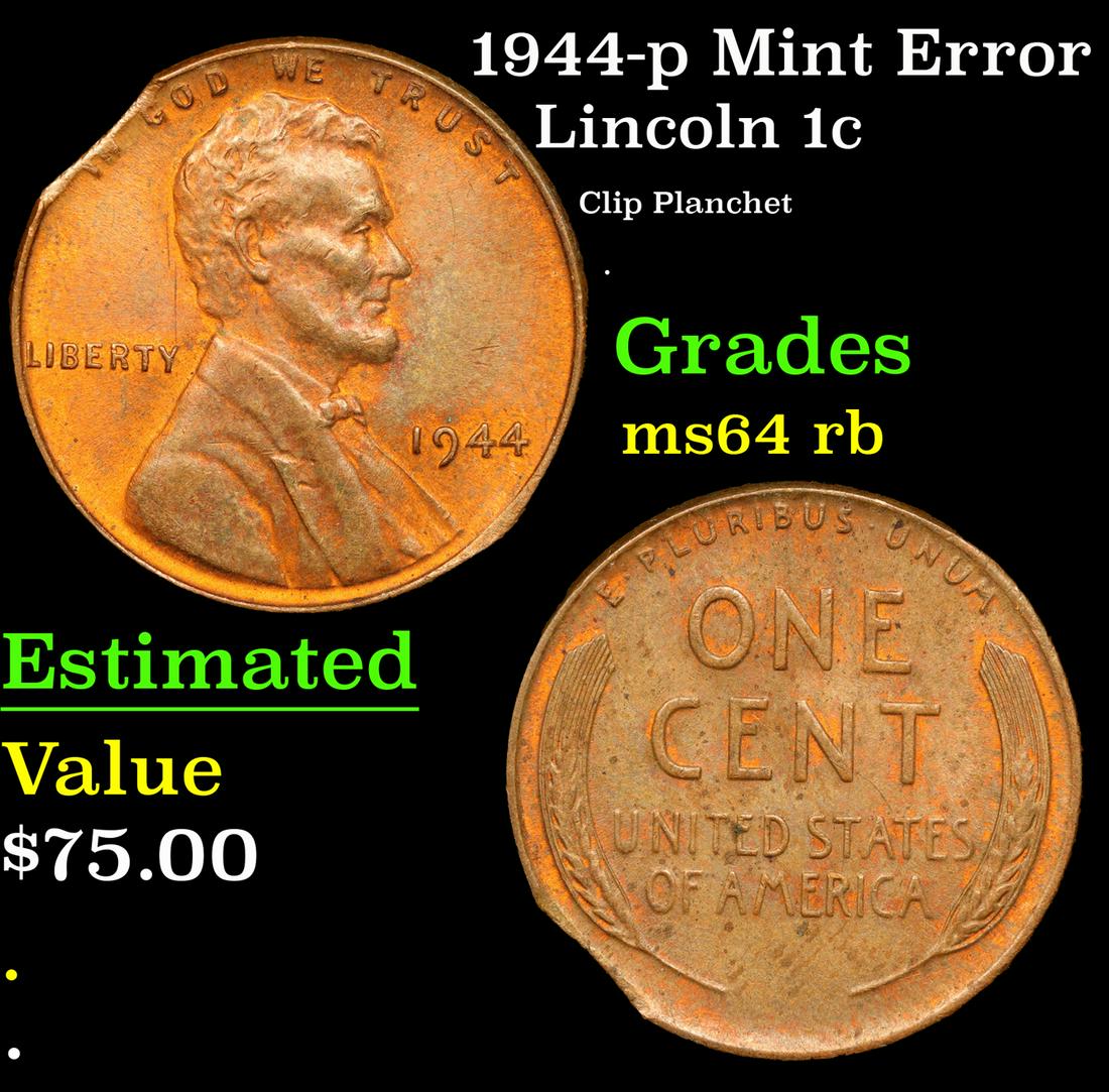1944-p Lincoln Cent Mint Error 1c Grades Choice Unc RB (1 of 3)