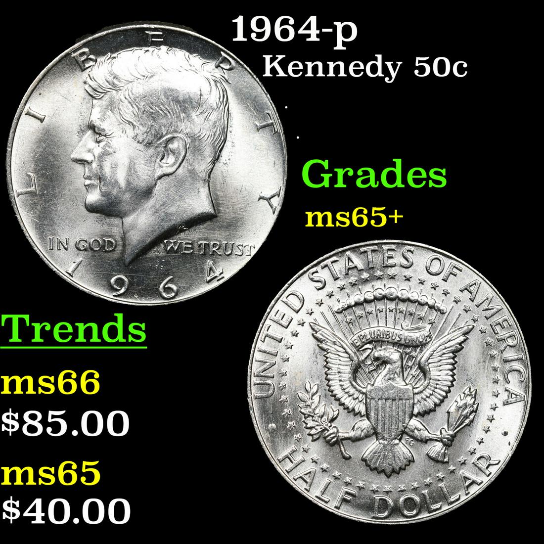 1964-p Kennedy Half Dollar 50c Grades GEM+ Unc (1 of 3)