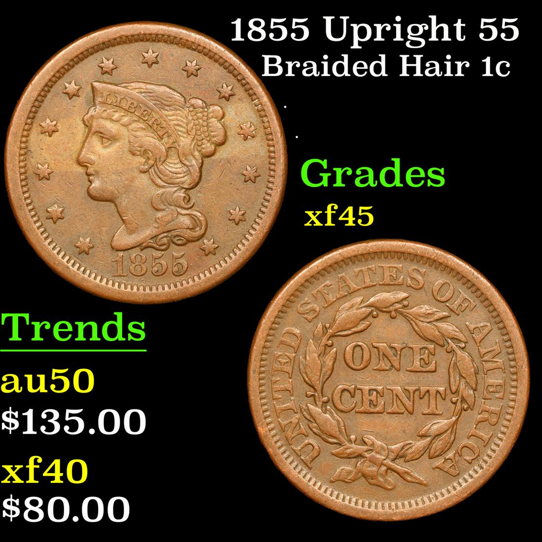 1855 Upright 55 Braided Hair Large Cent 1c Grades xf+ (1 of 3)