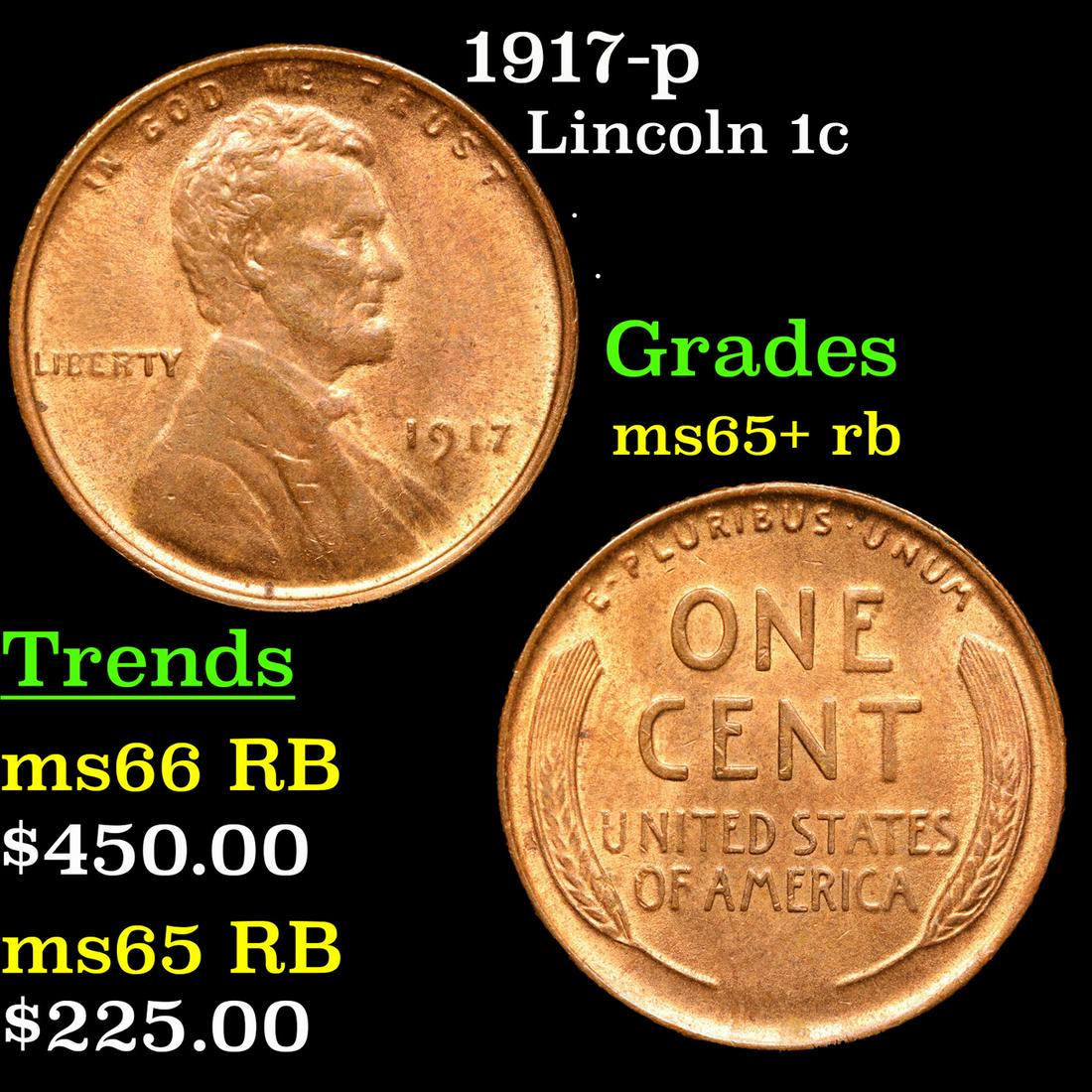 1917-p Lincoln Cent 1c Grades Gem+ Unc RB (1 of 3)