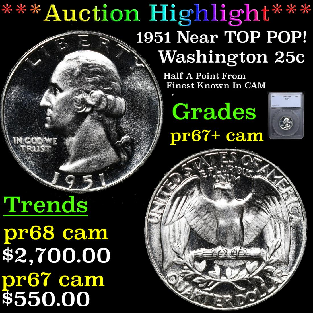 Proof ***Auction Highlight*** 1951 Washington Quarter Near TOP POP! 25c Graded pr67+ cam By SEGS (1 of 5)