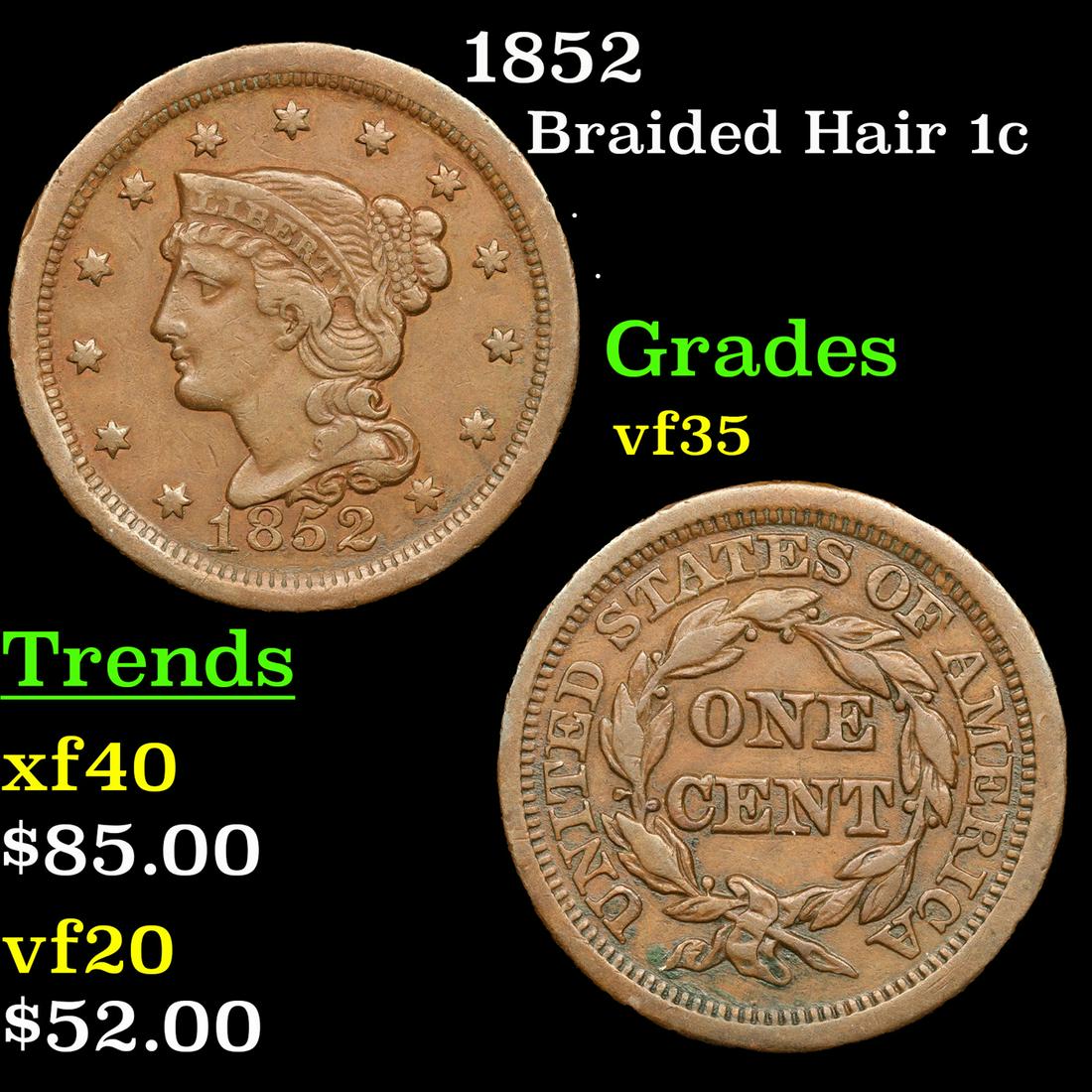 1852 Braided Hair Large Cent 1c Grades vf++ (1 of 3)