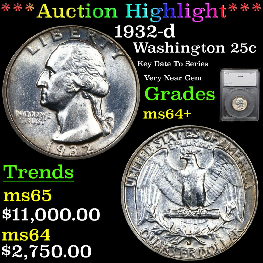***Auction Highlight*** 1932-d Washington Quarter 25c Graded ms64+ By SEGS (fc) (1 of 5)
