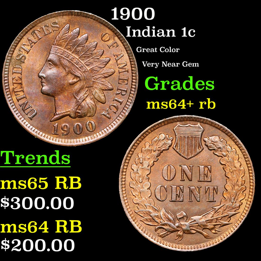 1900 Indian Cent 1c Grades Choice+ Unc RB (1 of 3)