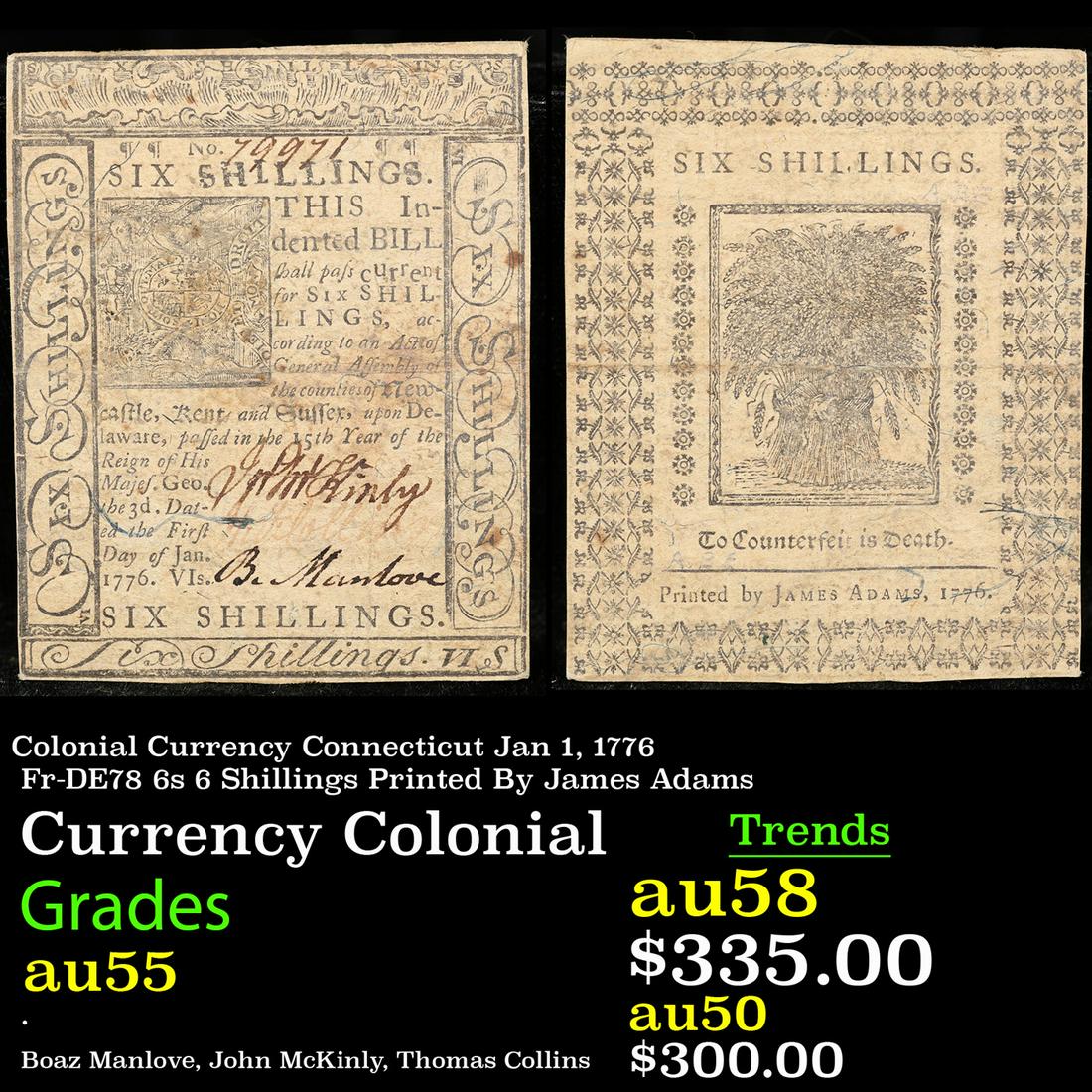 Colonial Currency Connecticut Jan 1, 1776 Fr-DE78 6s 6 Shillings Printed By James Adams Grades (1 of 3)