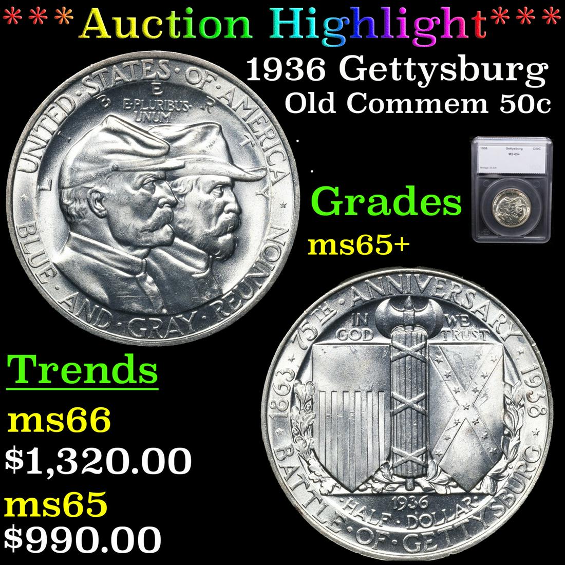 ***Auction Highlight*** 1936 Gettysburg Old Commem Half Dollar 50c Grades GEM+ Unc By SEGS (fc) (1 of 5)