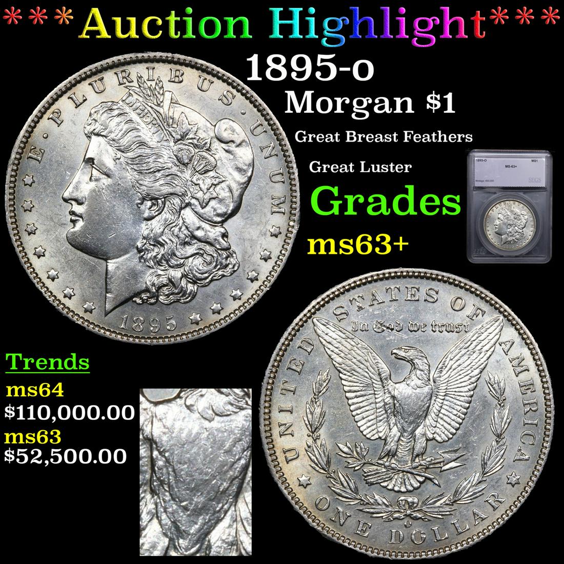 ***Auction Highlight*** 1895-o Morgan Dollar $1 Graded ms63+ By SEGS (fc) (1 of 6)