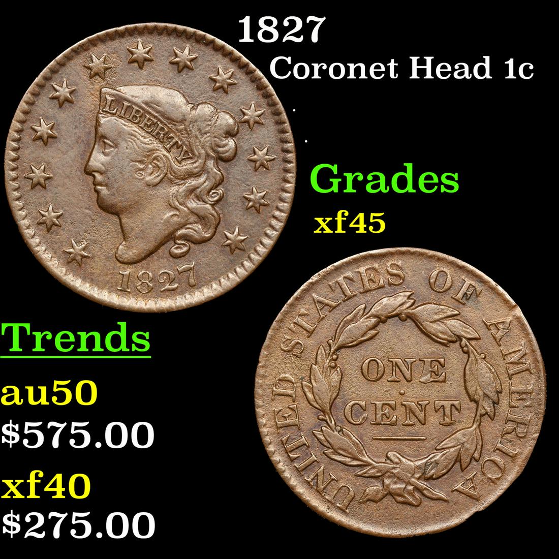 1827 Coronet Head Large Cent 1c Grades xf+ (1 of 3)