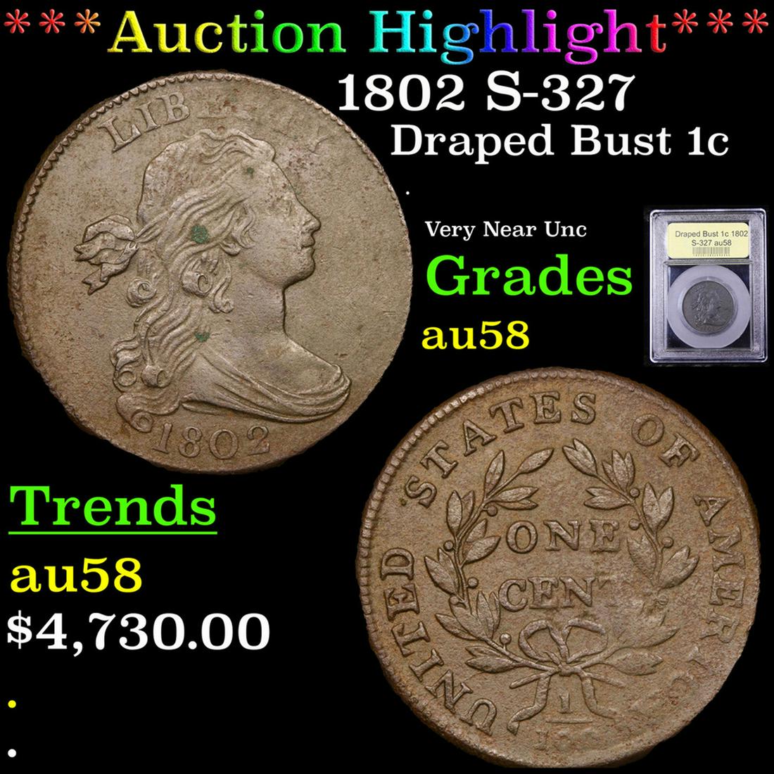 ***Auction Highlight*** 1802 Draped Bust Large Cent S-327 1c Graded Choice AU/BU Slider By USCG (fc) (1 of 5)
