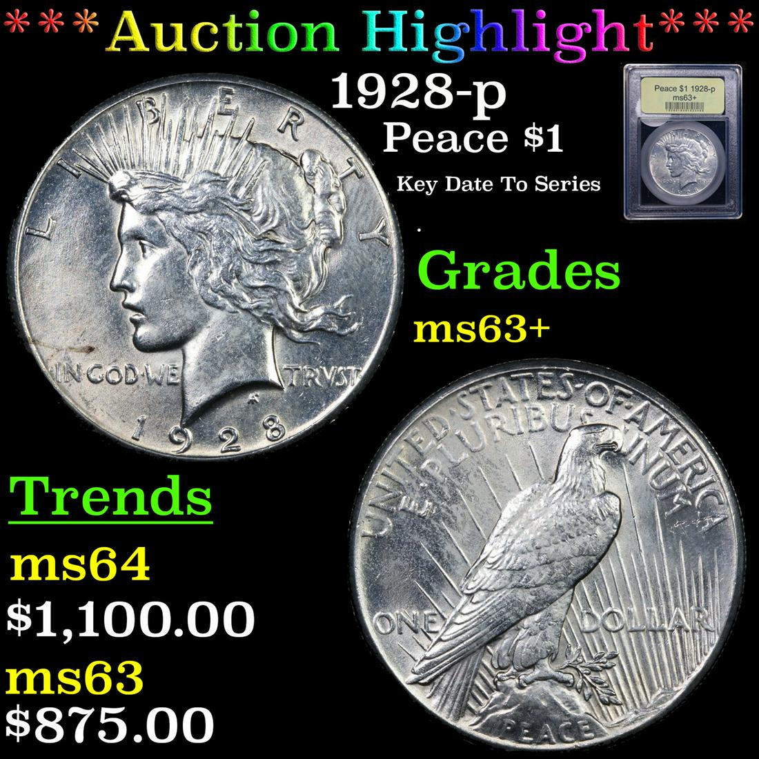 ***Auction Highlight*** 1928-p Peace Dollar $1 Graded Select+ Unc By USCG (fc) (1 of 5)