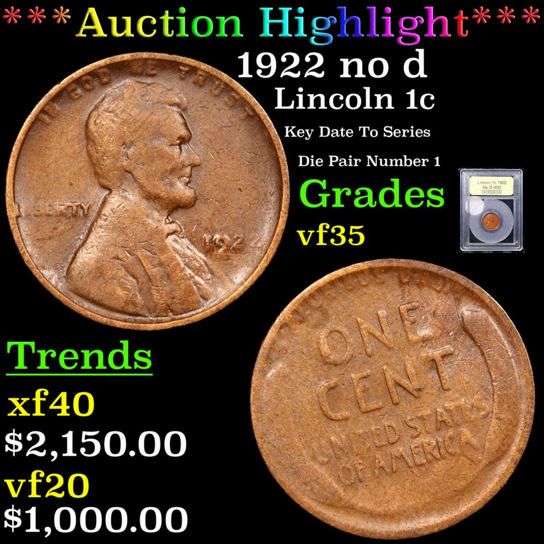 ***Auction Highlight*** 1922 no d Lincoln Cent 1c Graded vf++ By USCG (fc) (1 of 5)