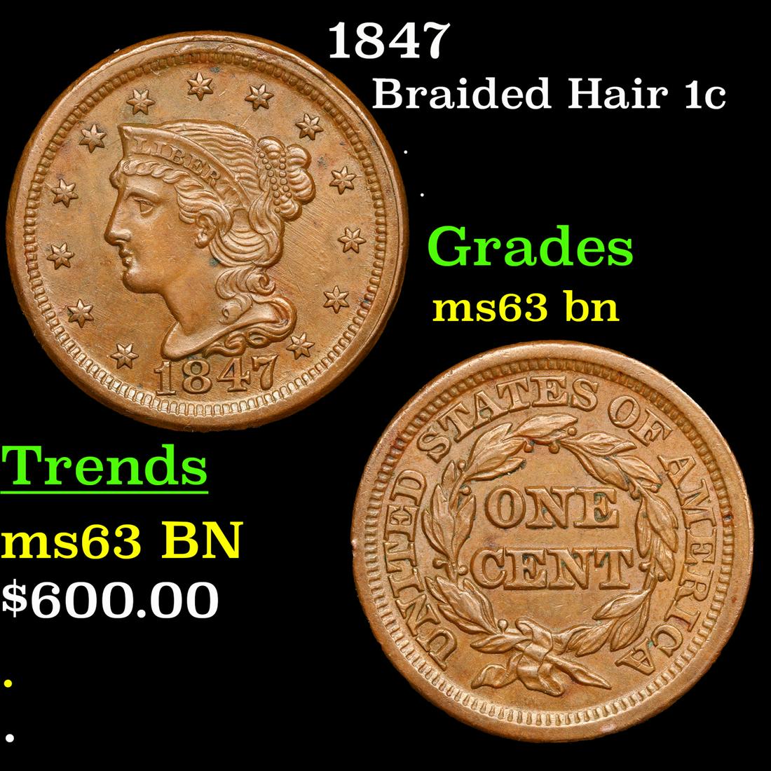 1847 Braided Hair Large Cent 1c Grades Select Unc BN (1 of 3)