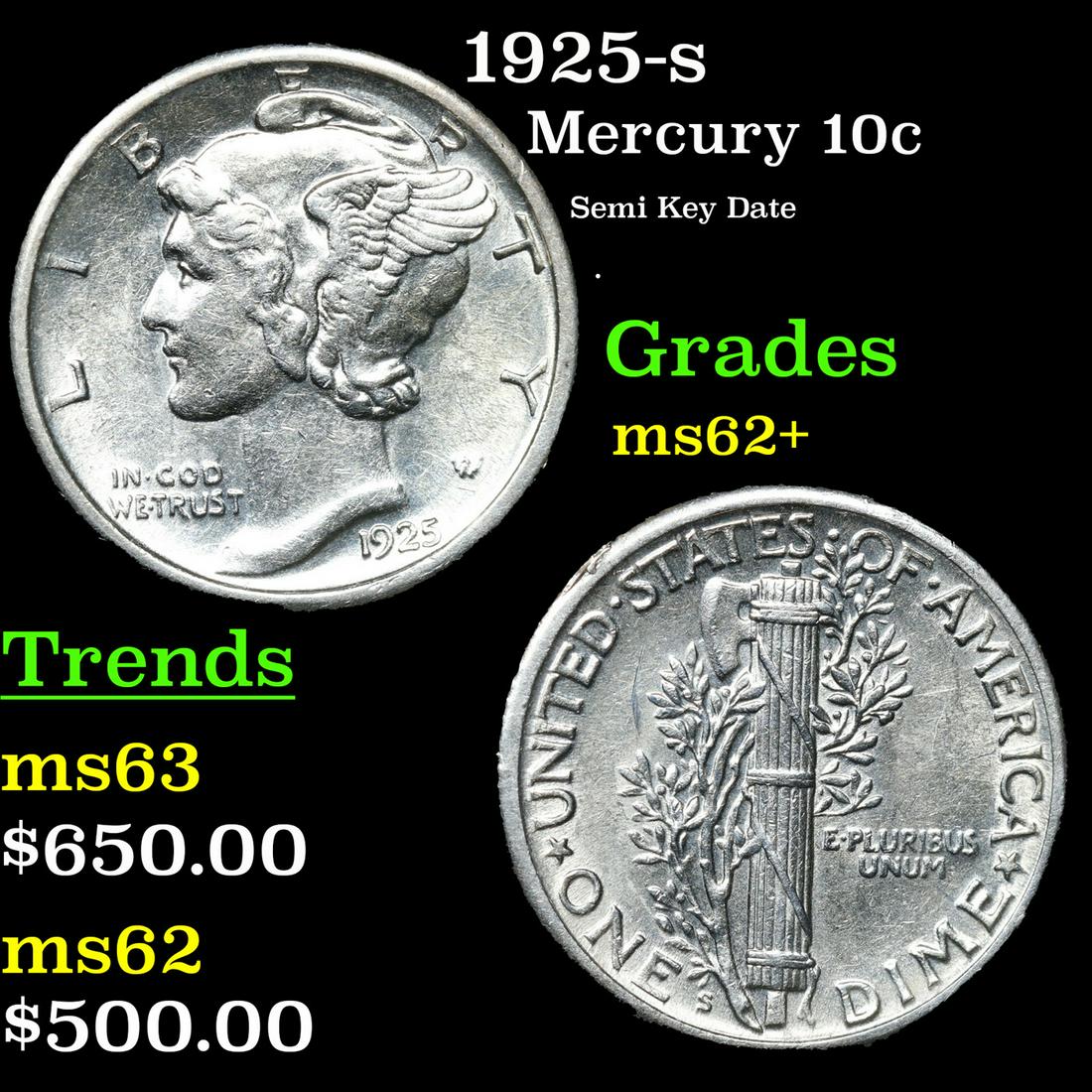 1925-s Mercury Dime 10c Grades Select Unc (1 of 3)