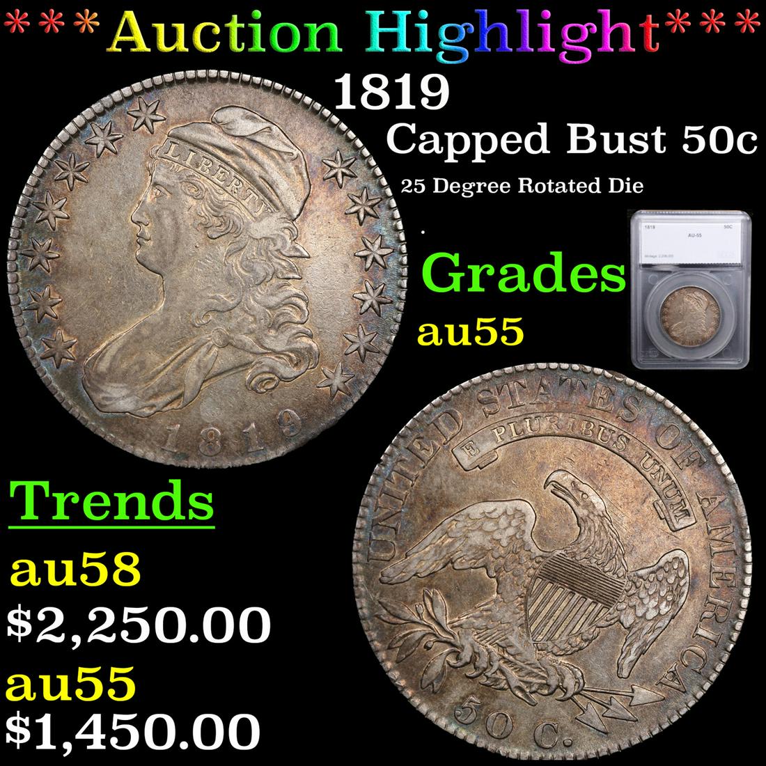***Auction Highlight*** 1819 Capped Bust Half Dollar 50c Graded au55 By SEGS (fc) (1 of 5)