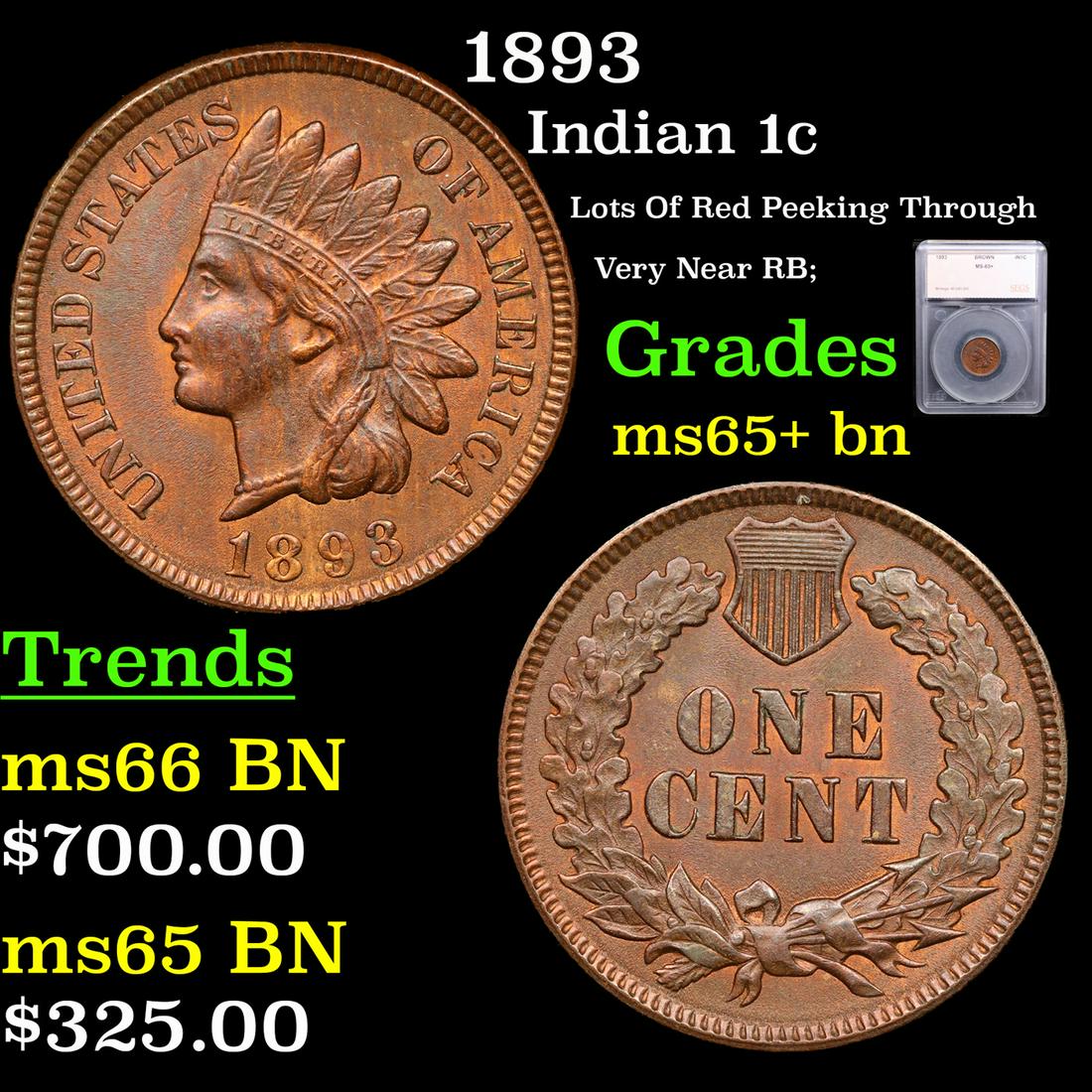 1893 Indian Cent 1c Graded ms65+ bn By SEGS (1 of 5)