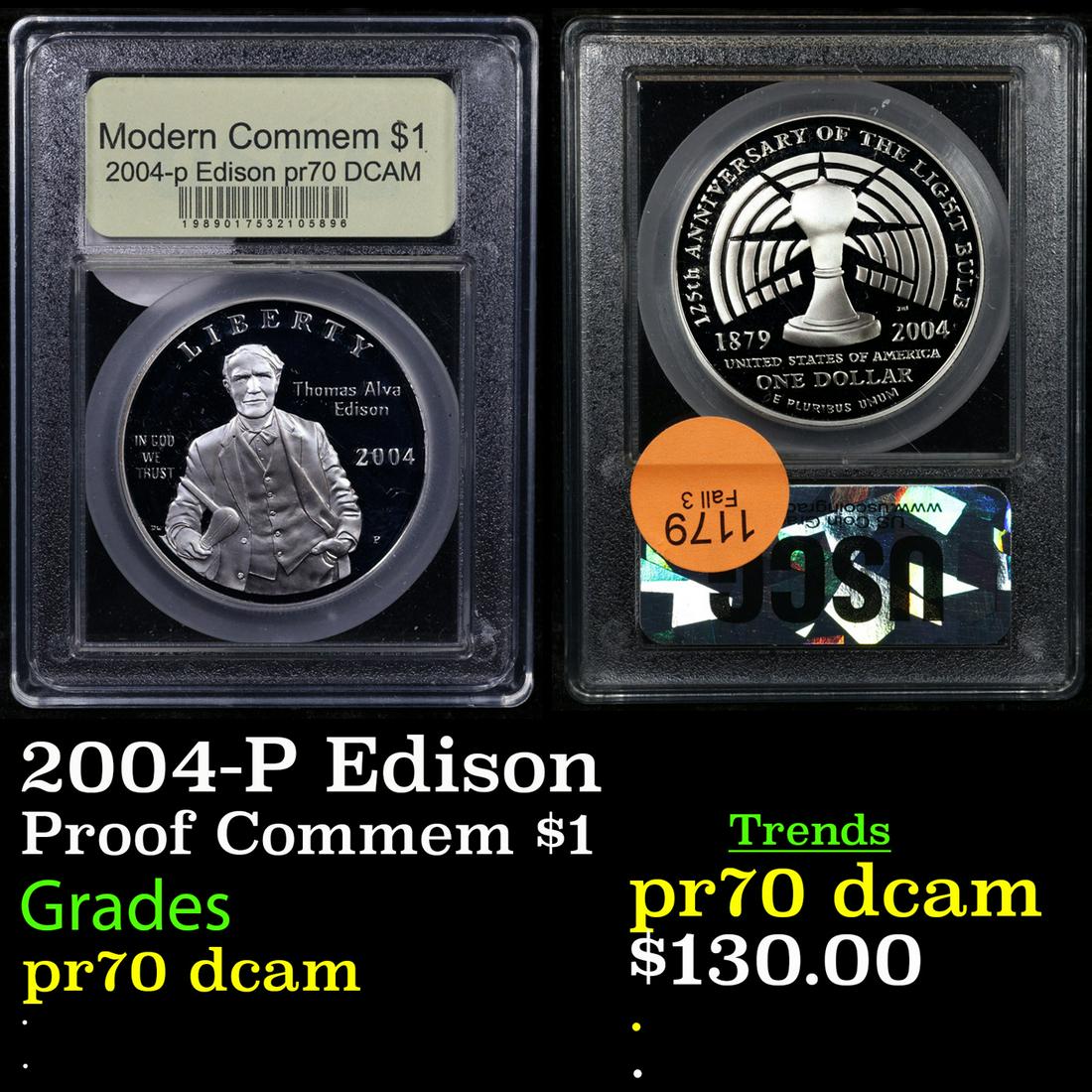 Proof 2004-P Edison Modern Commem Dollar $1 Graded GEM++ Proof Deep Cameo By USCG (1 of 3)