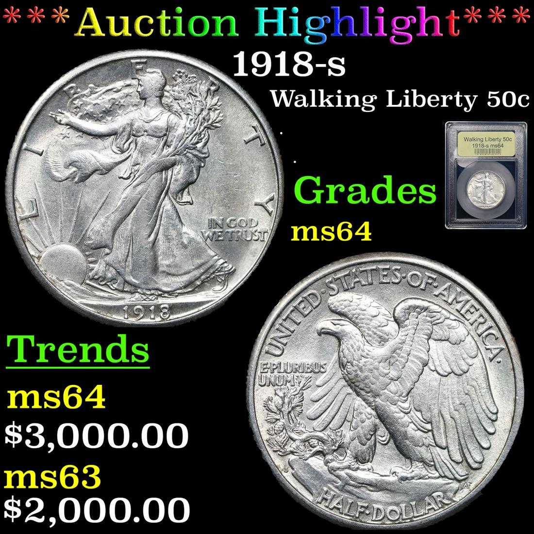 ***Auction Highlight*** 1918-s Walking Liberty Half Dollar 50c Graded Choice Unc By USCG (fc) (1 of 5)